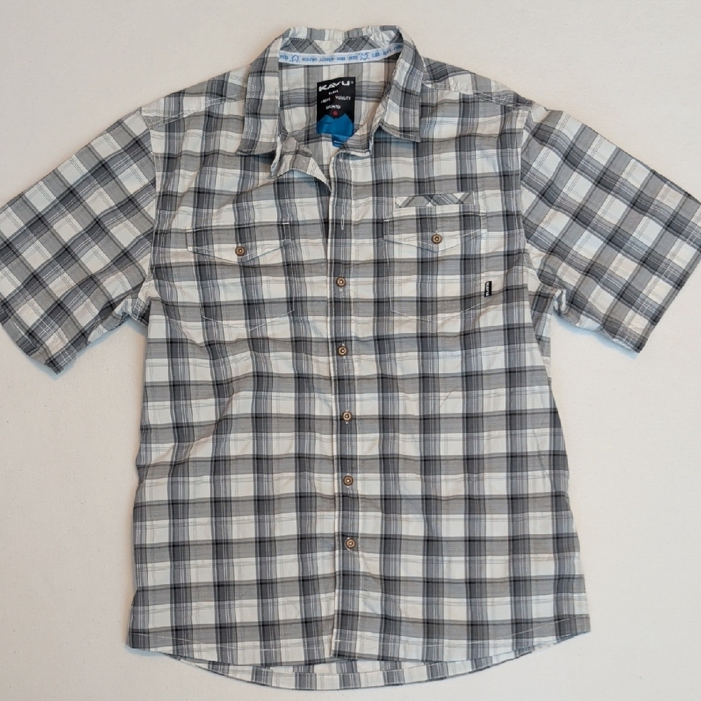 Men's Kavu Gray Plaid Short Sleeve Button Down Shirt Size Large